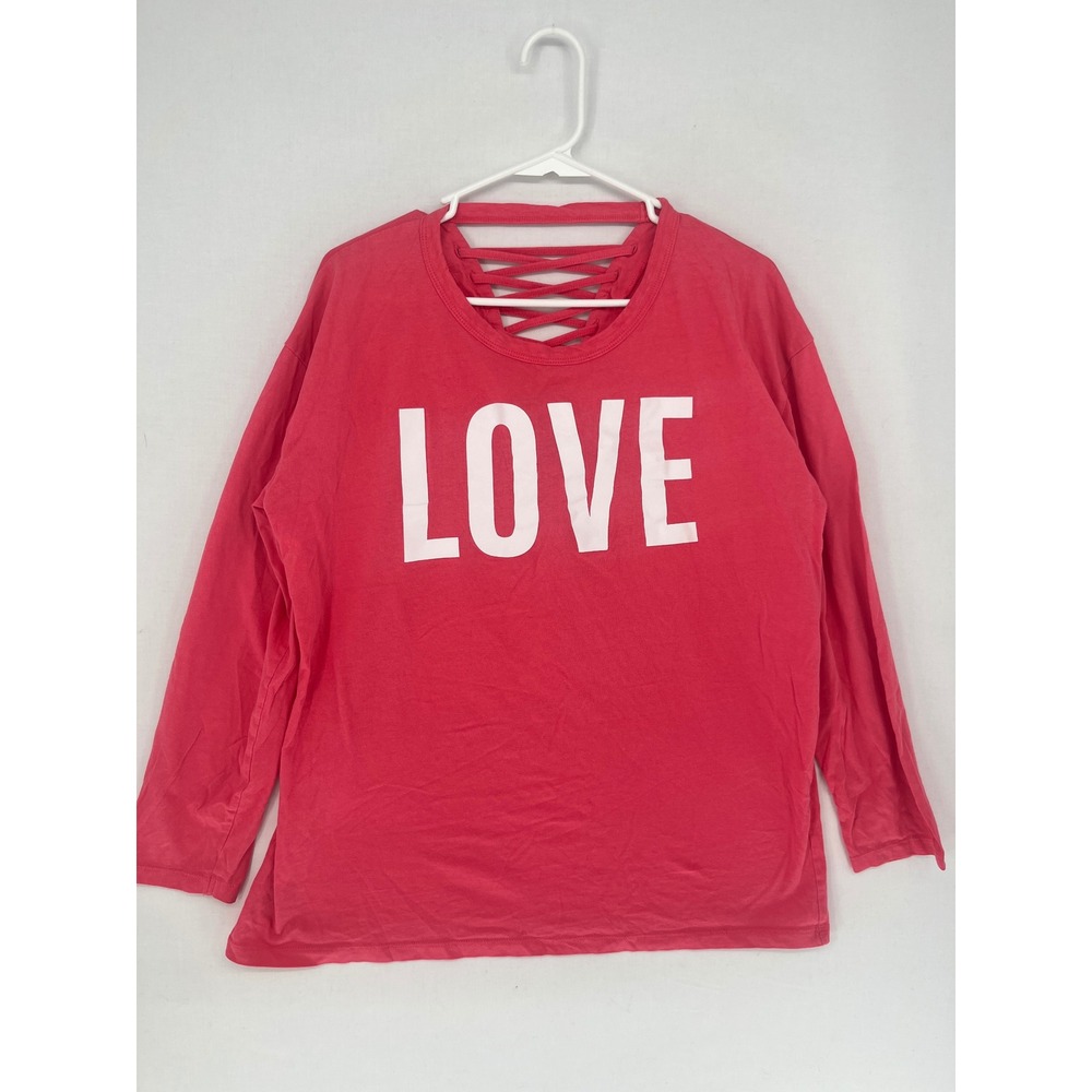 Love Graphic Long Sleeve Tee Lattice Strappy Neck Caged Back Coral Pink Top